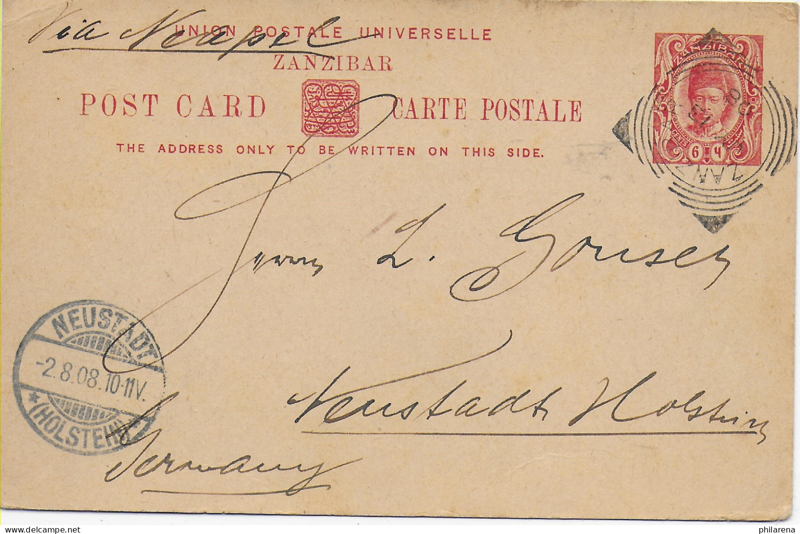 Post Card 1908 Zanzibar To Neustadt/Holstein - Tanzanie (1964-...)