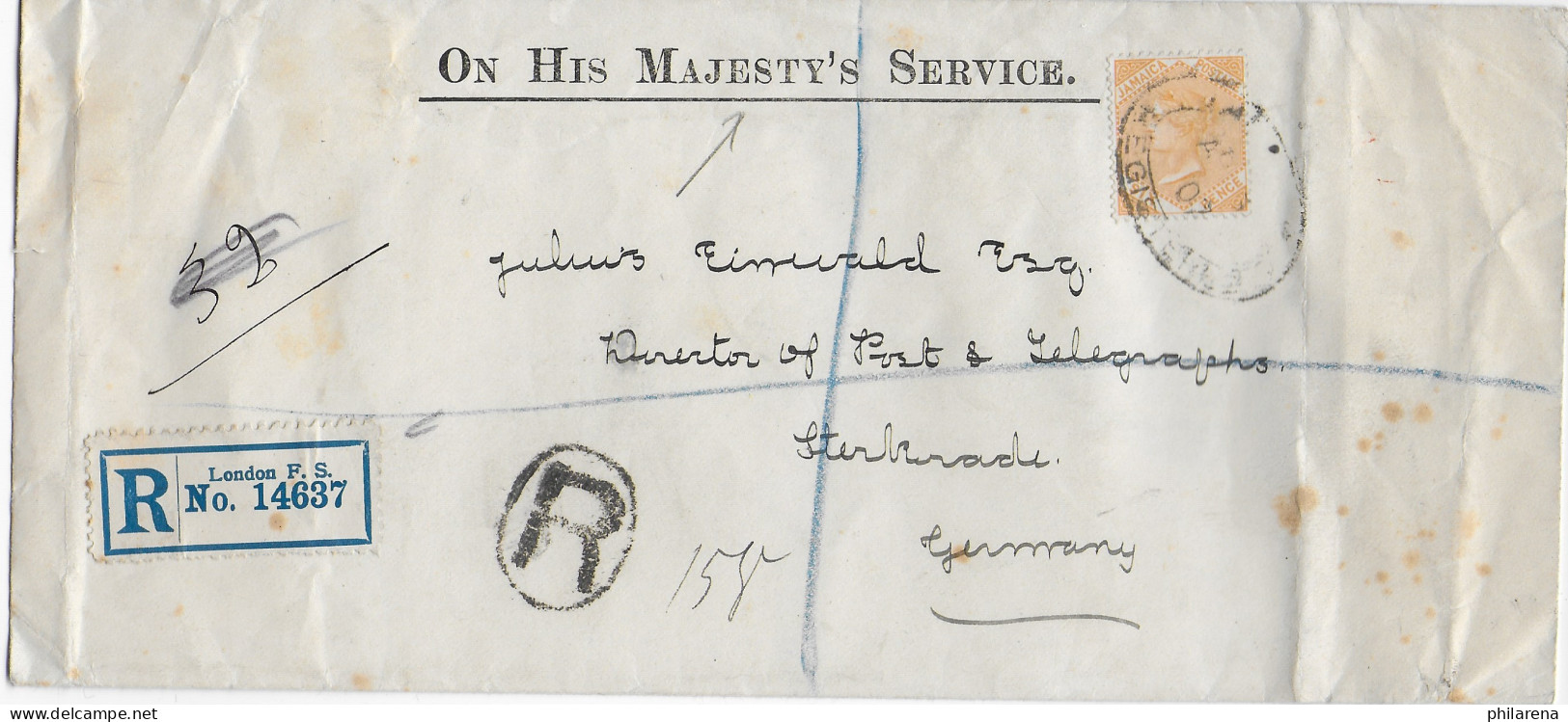 Cover From Jamaica, Registered London To Germany Director Post & Telegraphs 1907 - Jamaica (1962-...)
