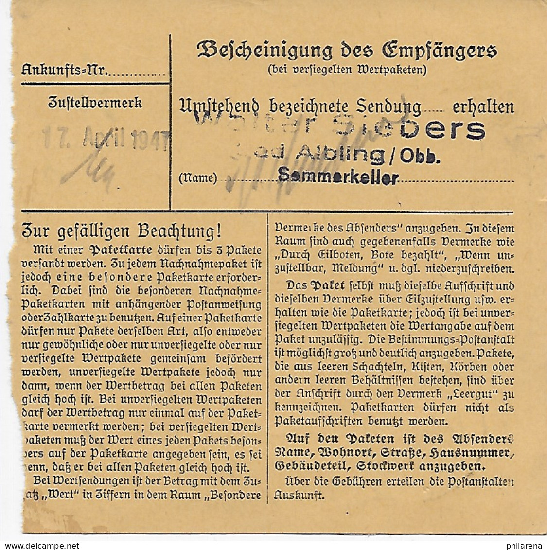 Paketkarte Miesbach Nach Bad Aibling, 1948, EF - Covers & Documents