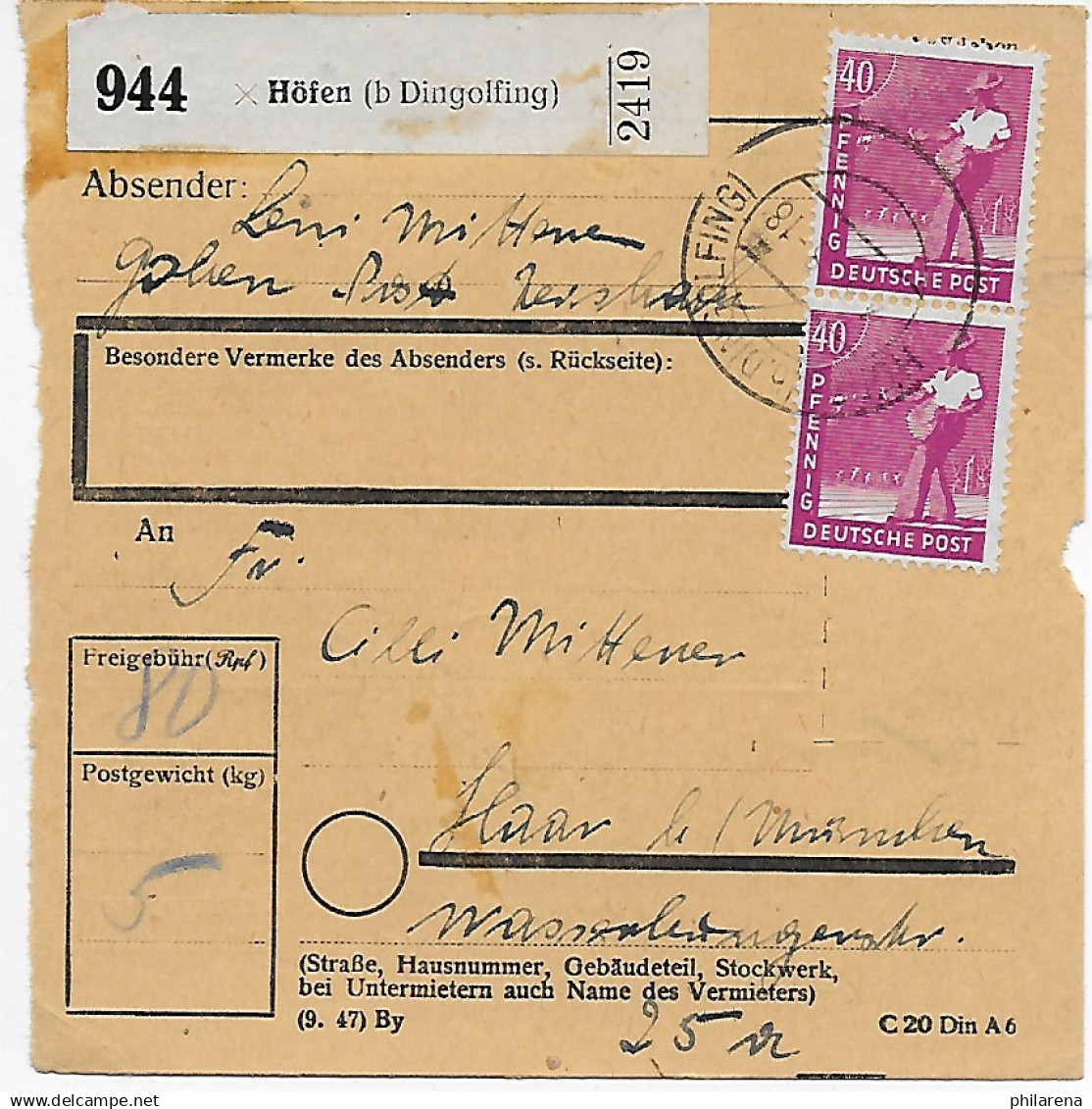 Paketkarte Höfen Bei Dingolfing Nach Haar, MeF - Storia Postale