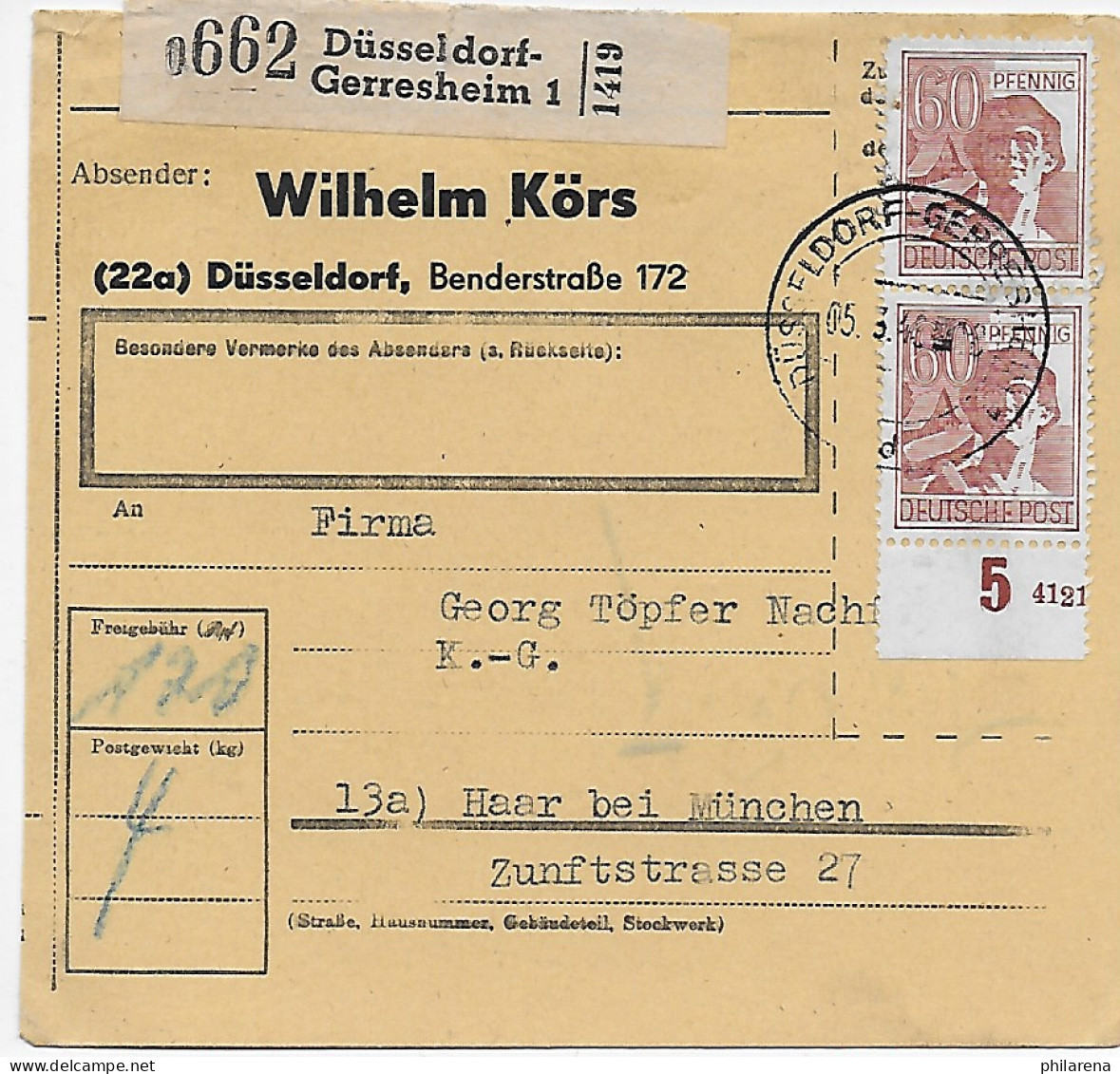 Paketkarte Düsseldorf-Gerresheim Nach Haar, 1948, MeF, Absendereindruck, HAN - Brieven En Documenten