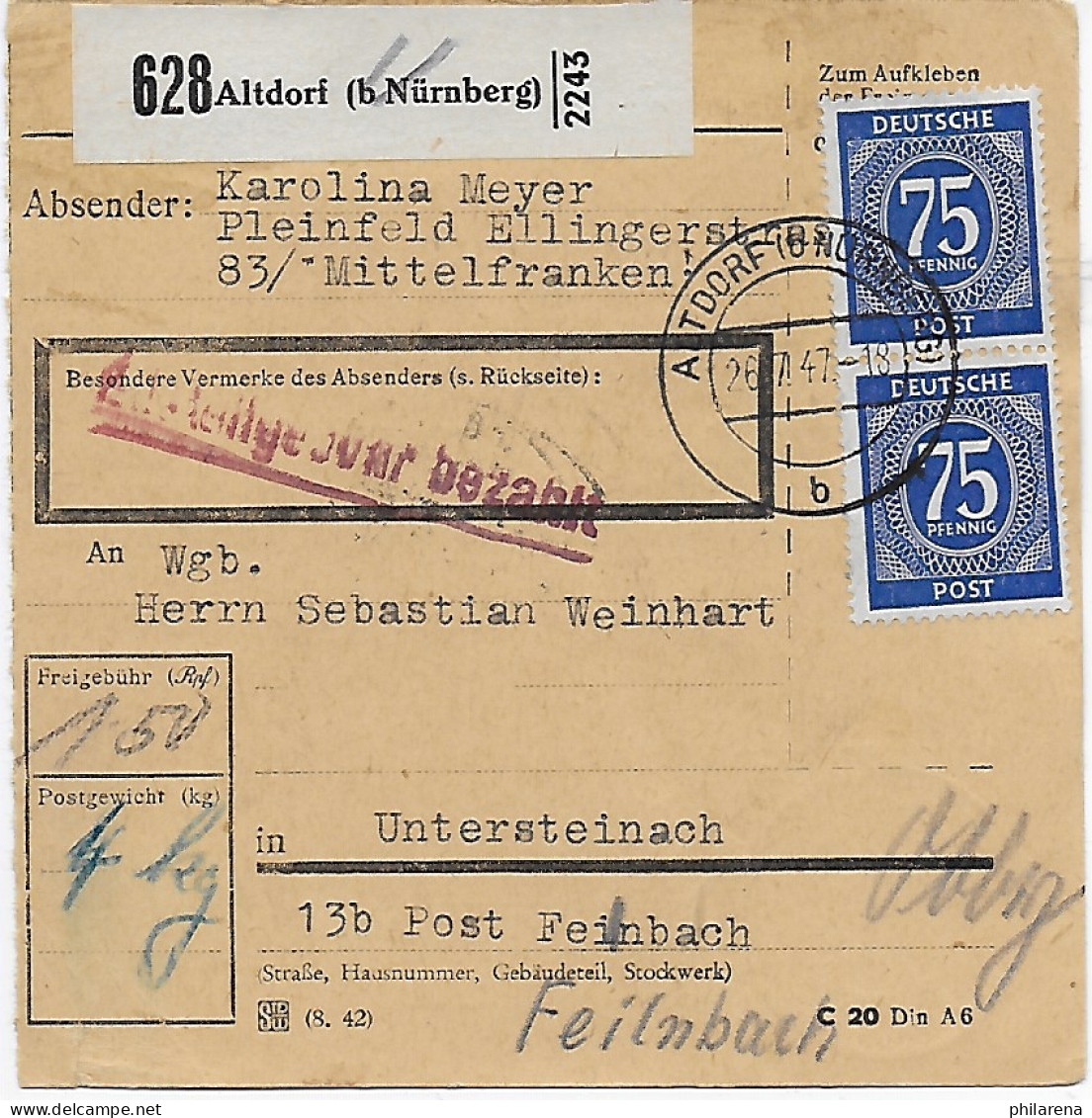 Paketkarte Altdorf/Nürnberg Nach Untersteinach, 1947, MeF - Brieven En Documenten