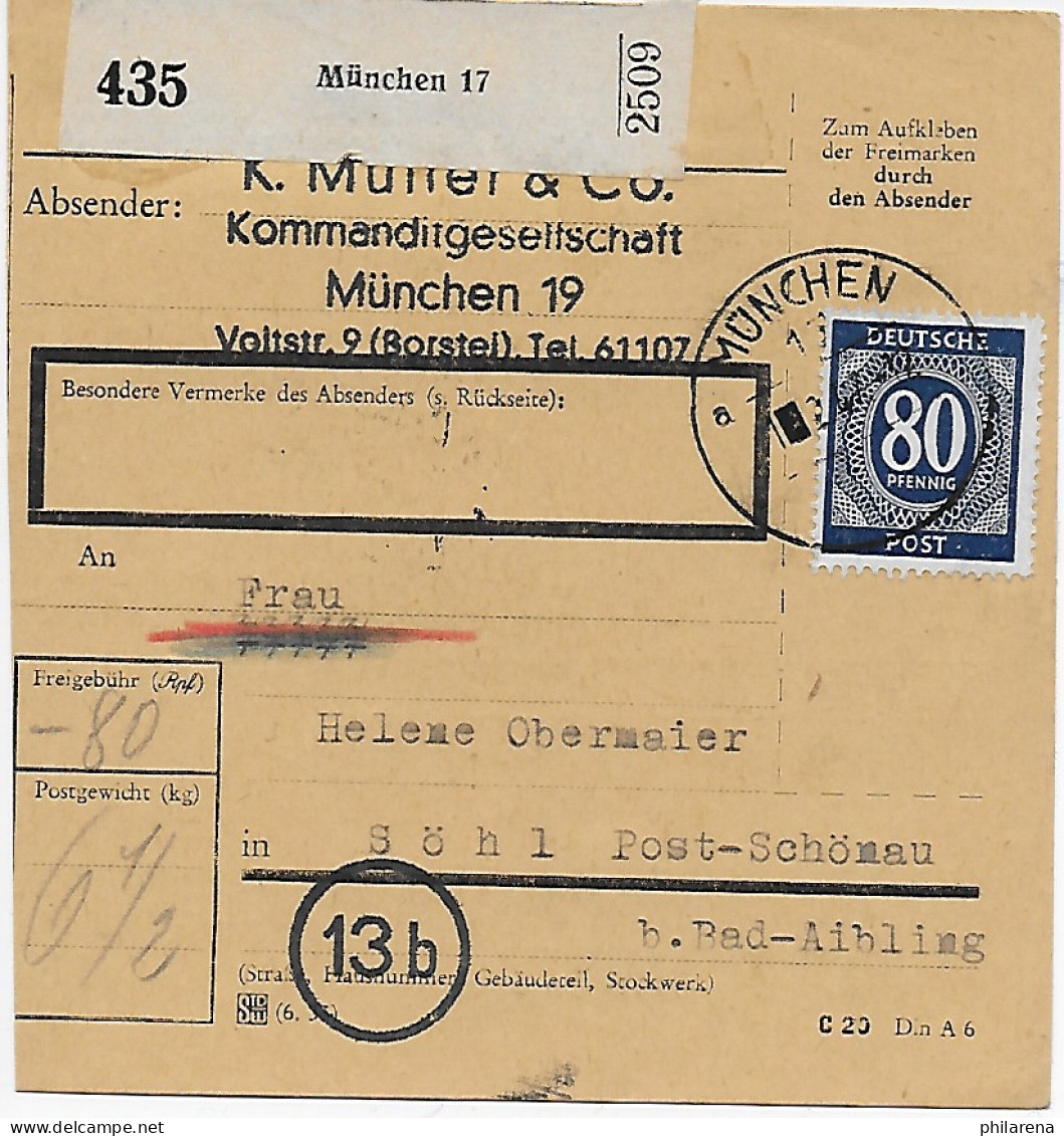 Paketkarte München Nach Söhl/Schönau EF 1948 - Storia Postale