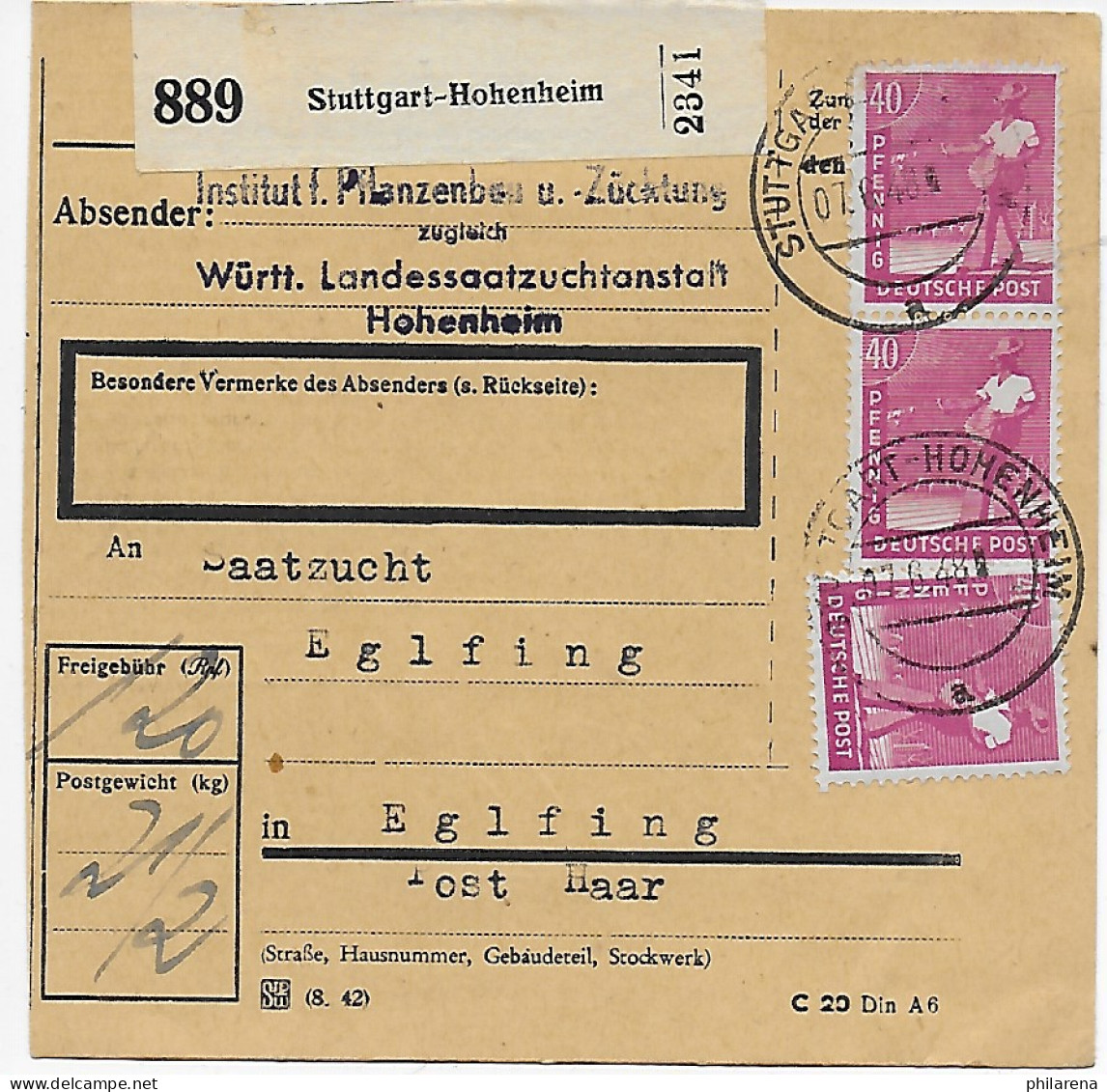 Paketkarte Stuttgart Hohenheim, Landessaatzucht Nach Eglfing, MeF 1948 - Brieven En Documenten