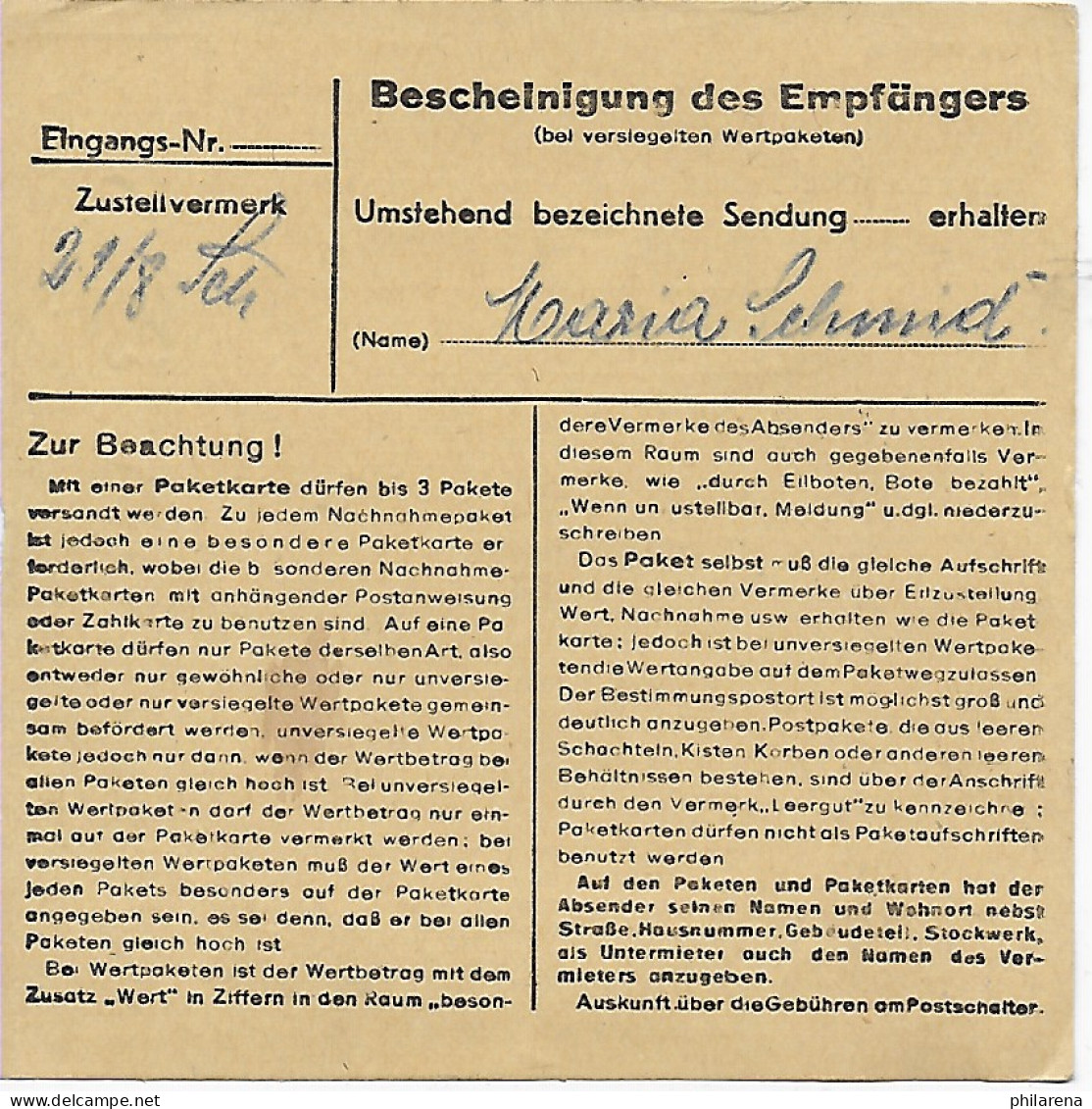 Paketkarte Krautheim/Jagst Nach Bad Aibling MeF 1948 - Covers & Documents