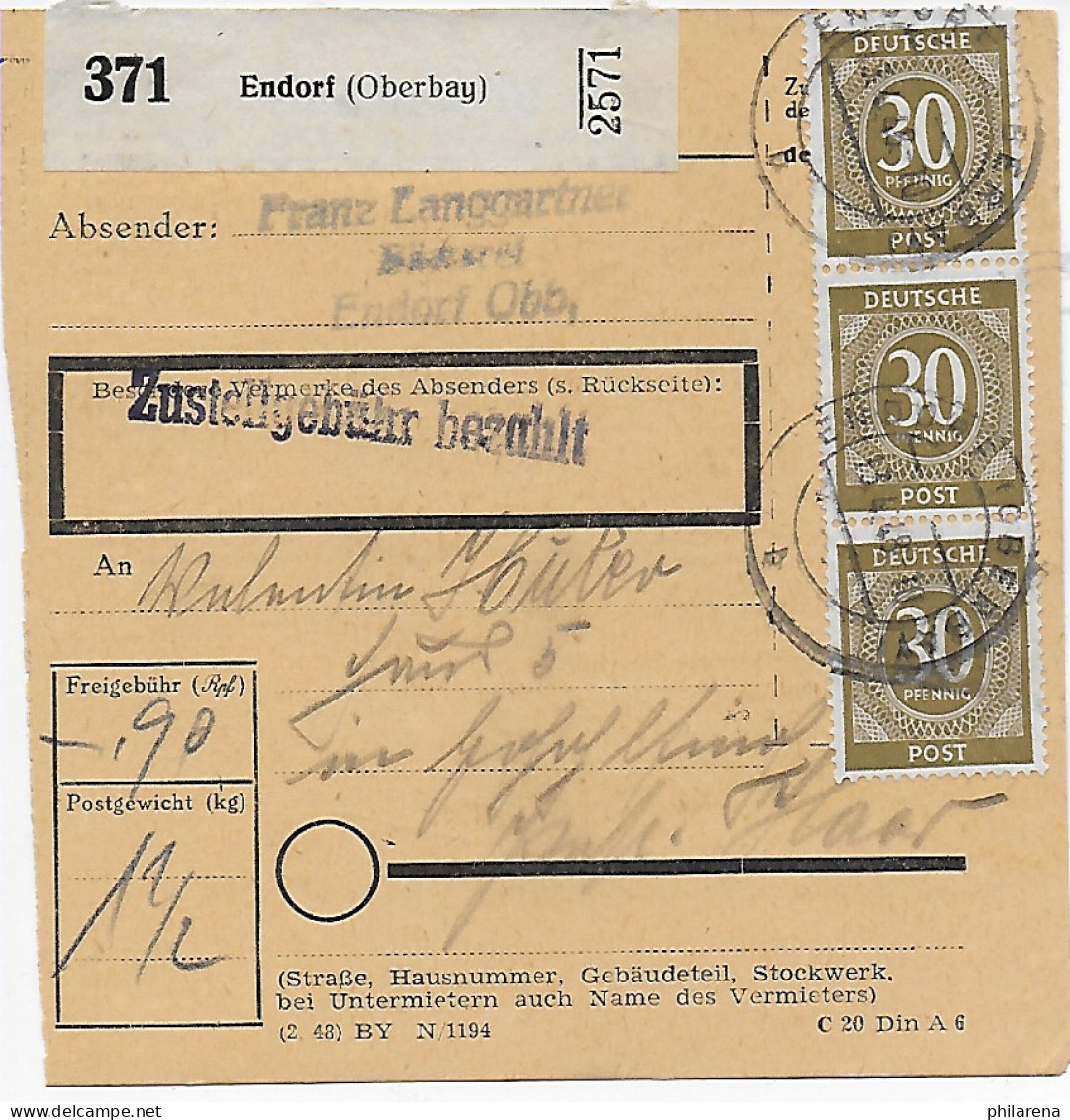 Paketkarte Endorf/Oberbayern Nach Haar, 1948, MeF - Brieven En Documenten