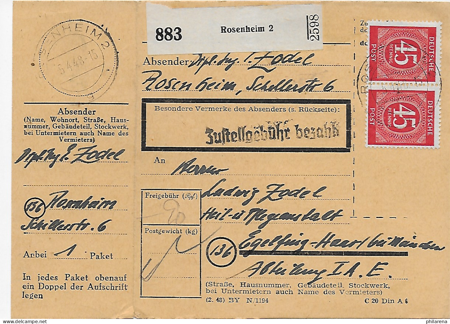 Paketkarte Rosenheim Nach Egelfing Bei München, 1948, MeF - Covers & Documents