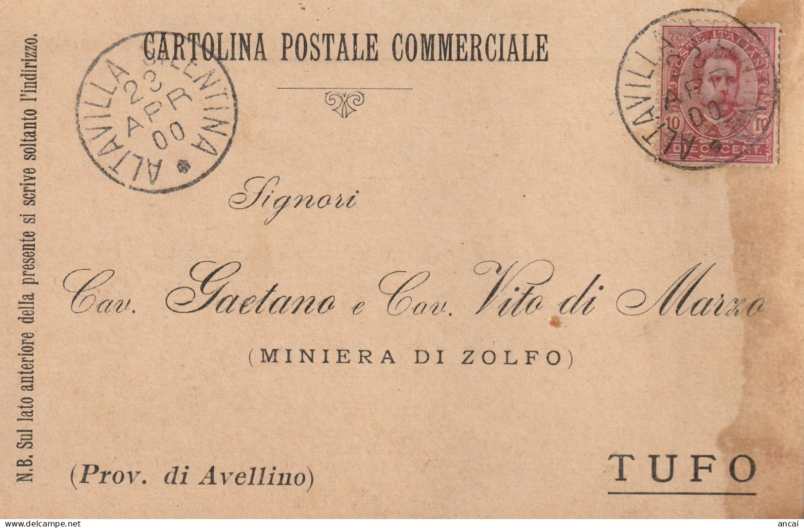 Italy. A210. Altavilla Silentina. 1900. Annullo Grande Cerchio ALTAVILLA SILENTINA, Su Cartolina Postale Commerciale - Poststempel