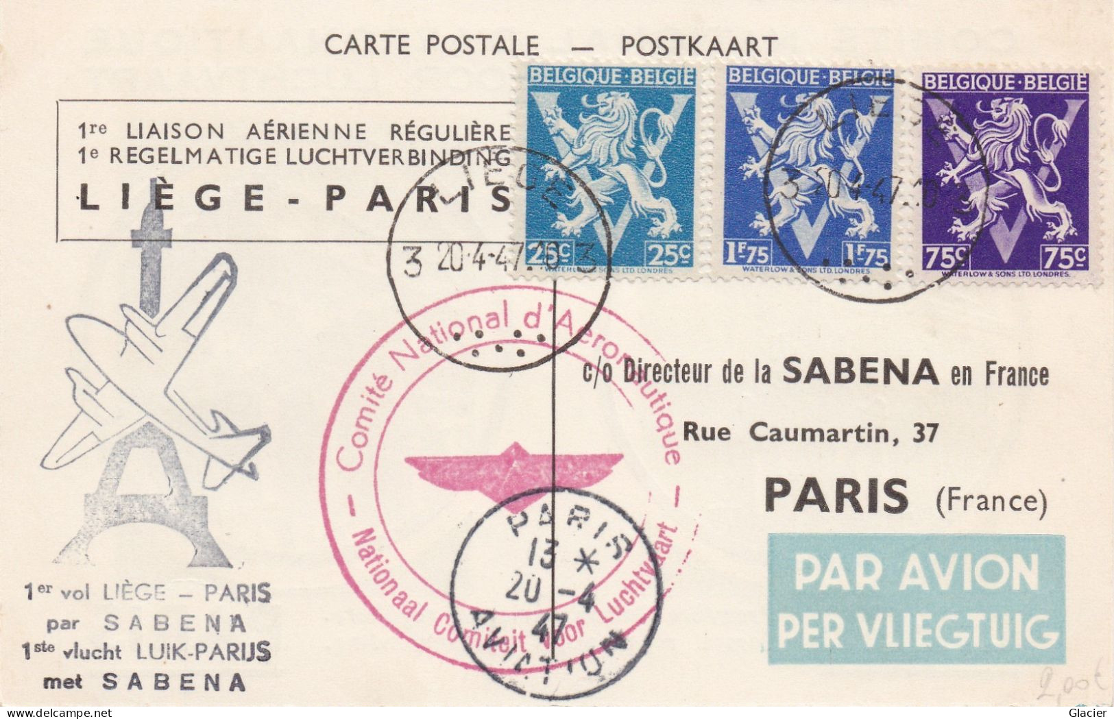 1er Vol LIEGE-PARIS Par Sabena Cachet Comité National D'Aéronautique 20-4-19 - Brieven En Documenten
