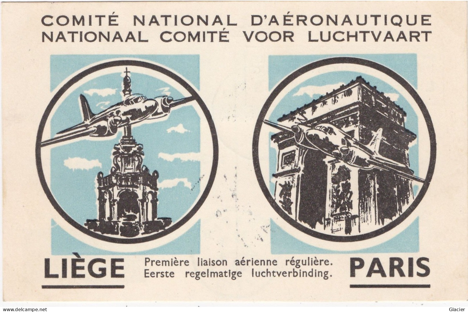1er Vol LIEGE-PARIS Par Sabena Cachet Comité National D'Aéronautique 20-4-19 - Lettres & Documents