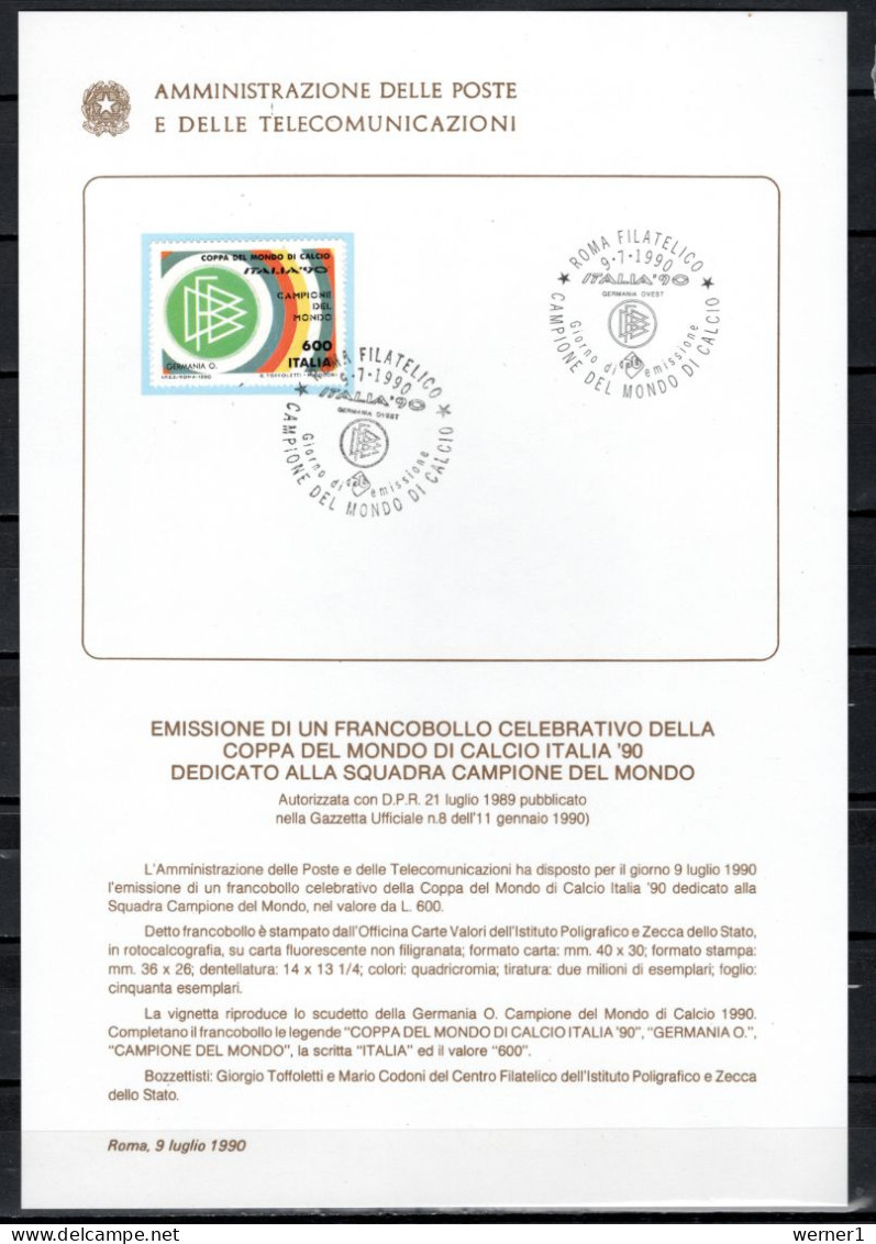 Italy 1990 Football Soccer World Cup Commemorative Print With Stamp And First Day Cancellation - 1990 – Italië