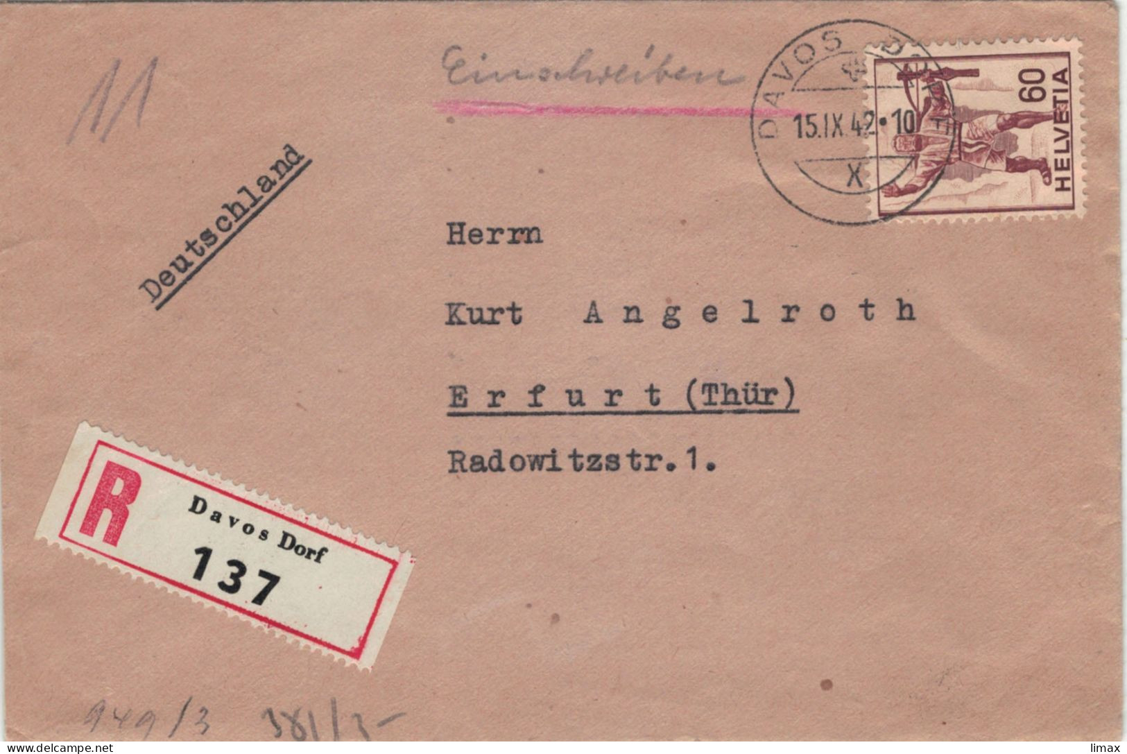 Dt. Kriegerkurhaus Davos Dorf 1942 > Angelroth Erfurt - Zensur OKW - Vgl. Wilhelm Gustloff In Davos - Briefe U. Dokumente