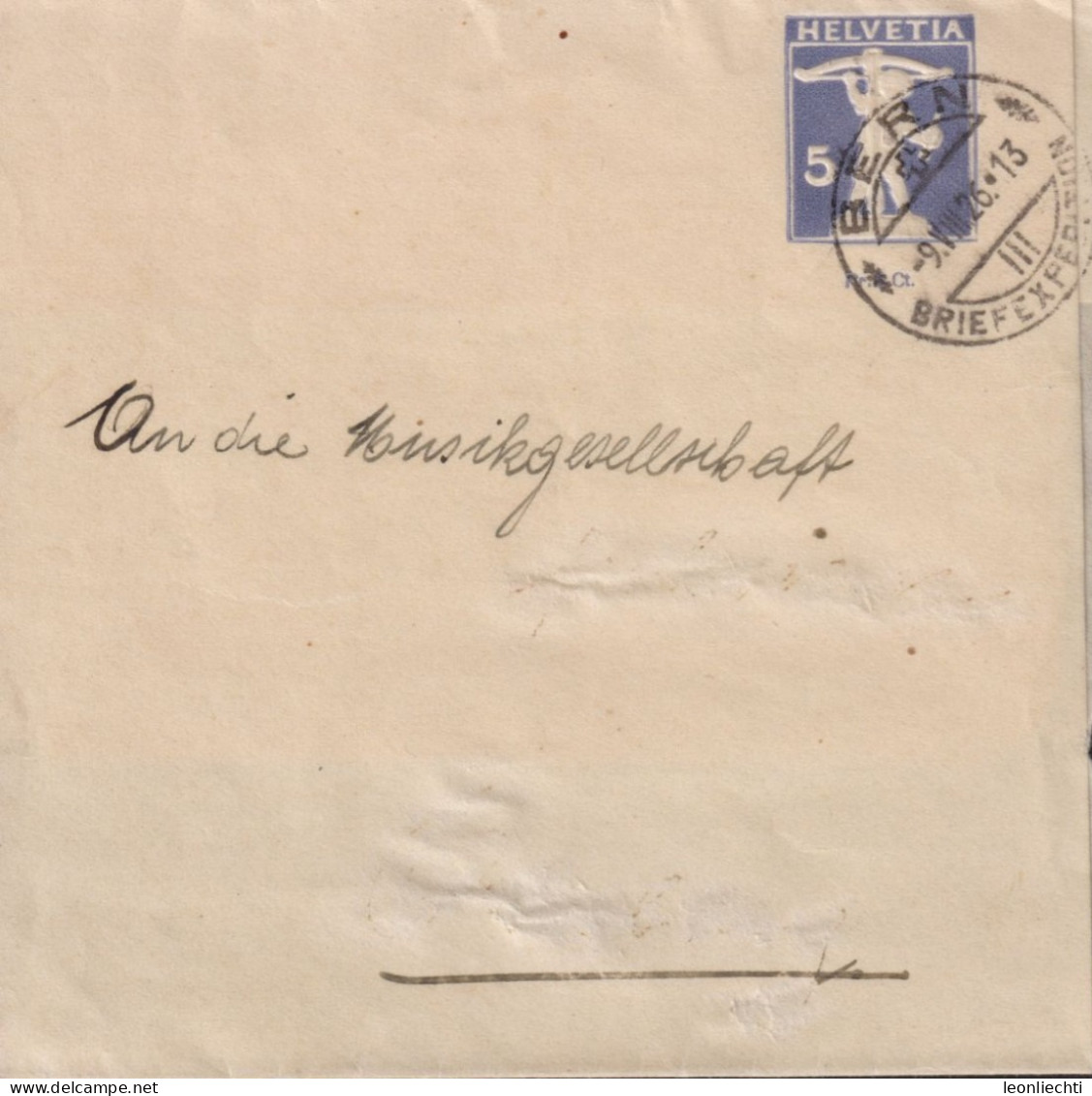 1926 Schweiz Streifband Zum: PrU 21 5 Cts Grauviolett, Tell Knabe ⵙ BERN BRIEFEXPEDITION 9.Vlll.26 - Stamped Stationery