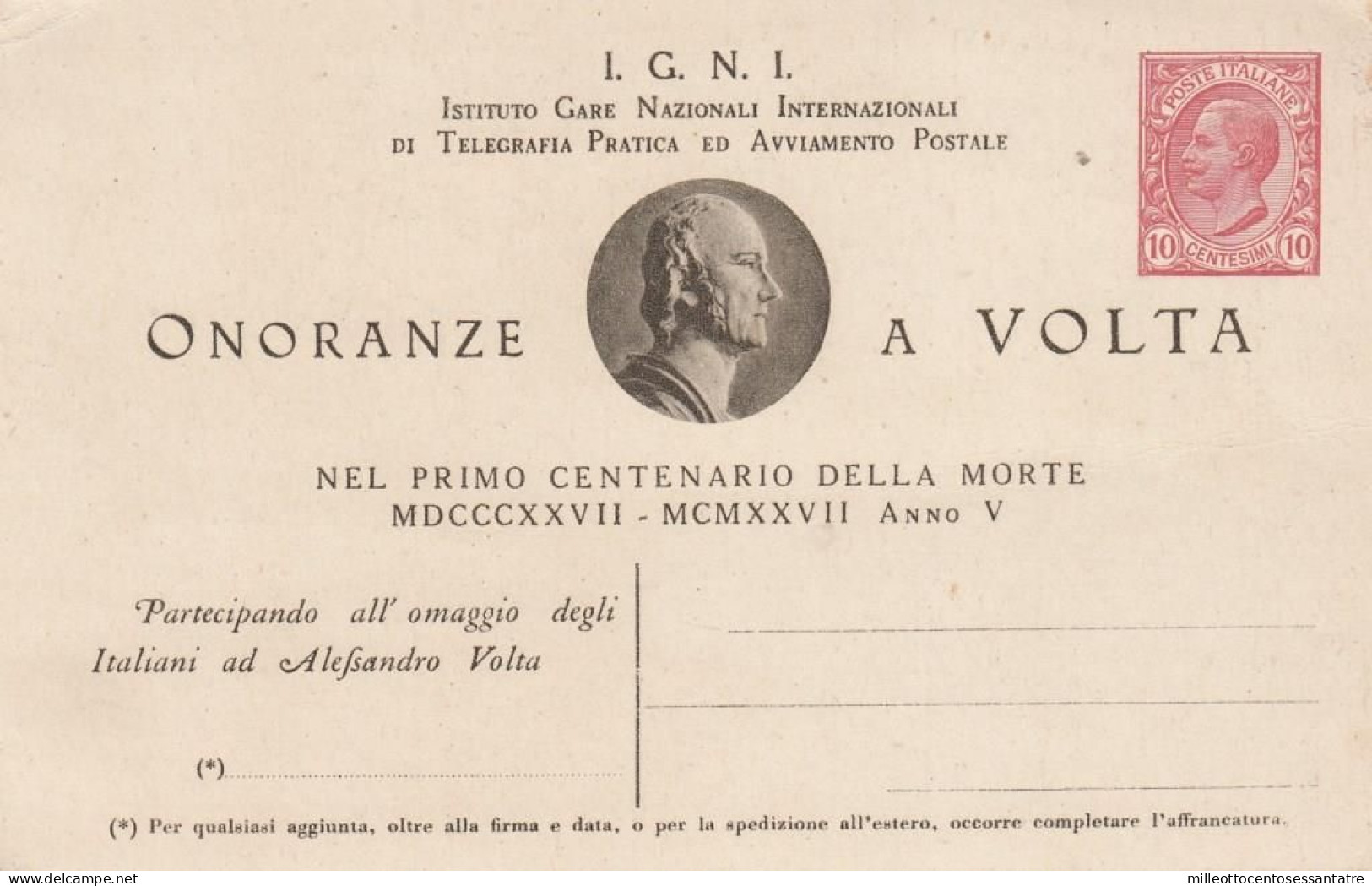 2455  - REGNO - Cartolina Postale Da Cent. 10 Rosa Rosso - NUOVA - 1°  Settembre 1927 - " ALESSANDRO VOLTA " - Entiers Postaux
