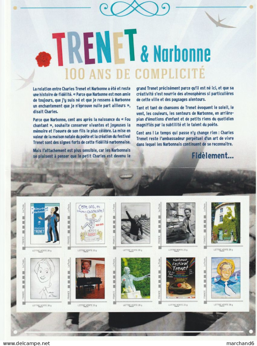 Feuillet Collector Charles Trenet & Narbonne Centenaire France 2013 IDT L V 20gr 10 Timbres Autoadhésifs N°222 - Collectors