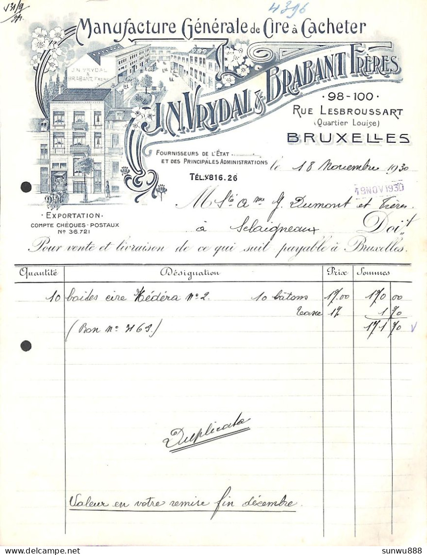 Bruxelles - Manufacture De Cire à Cacheter JN Vrydal & Brabant 1930 - Rue Lesbroussart - 1900 – 1949