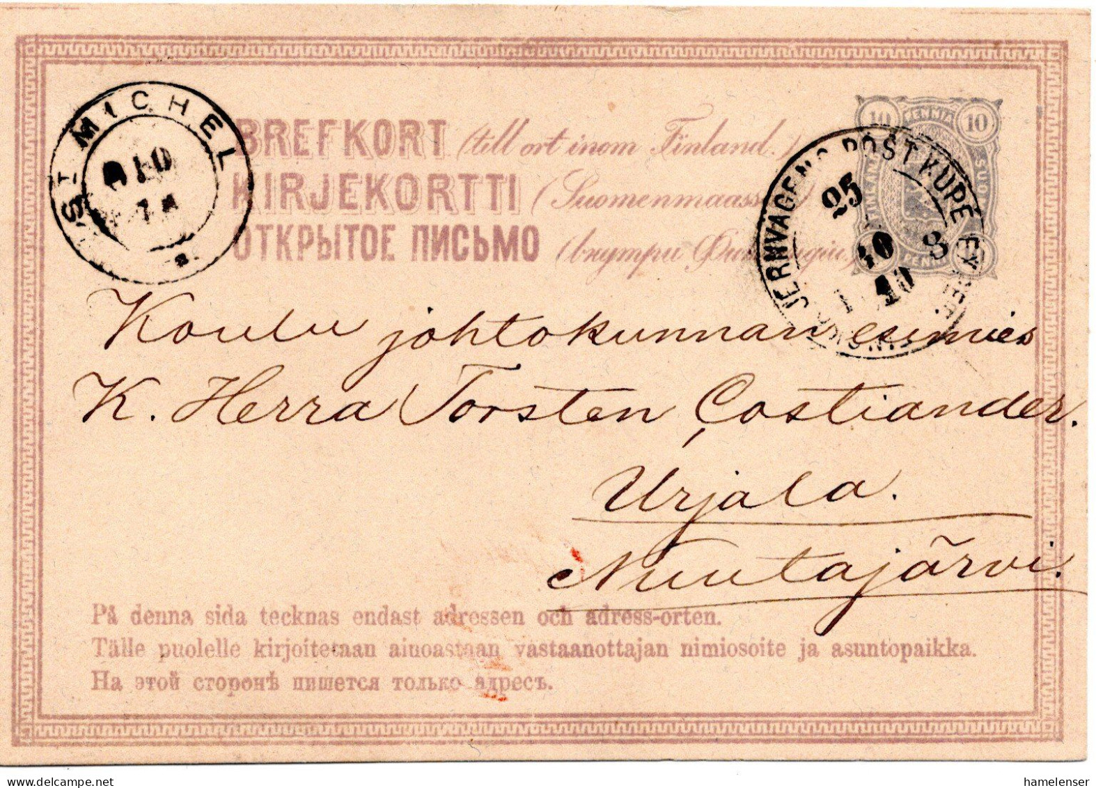 78278 - Finnland - 1878 - 10P Wappen GAKte BahnpostStpl FINSKA ... POSTKUPEEXPEDITION 25 No ... -> ST MICHEL - Brieven En Documenten