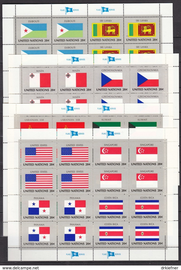 UNO NEW YORK  373-388, 4 Kleinbogen, Postfrisch **, Flaggen Der UNO-Mitgliedstaaten (II) 1981 - Blokken & Velletjes