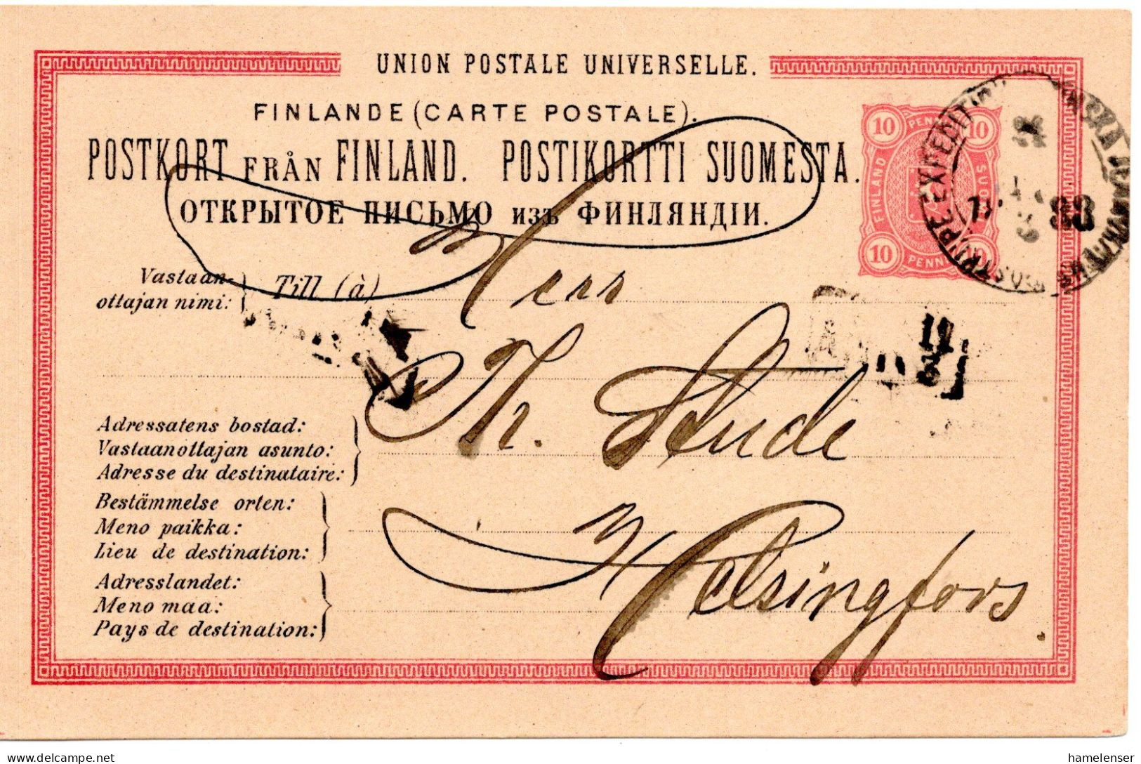 78279 - Finnland - 1888 - 10P Wappen GAKte BahnpostStpl FINSKA ... POSTKUPEEXPEDITION 24 No ... -> Helsingfors - Lettres & Documents