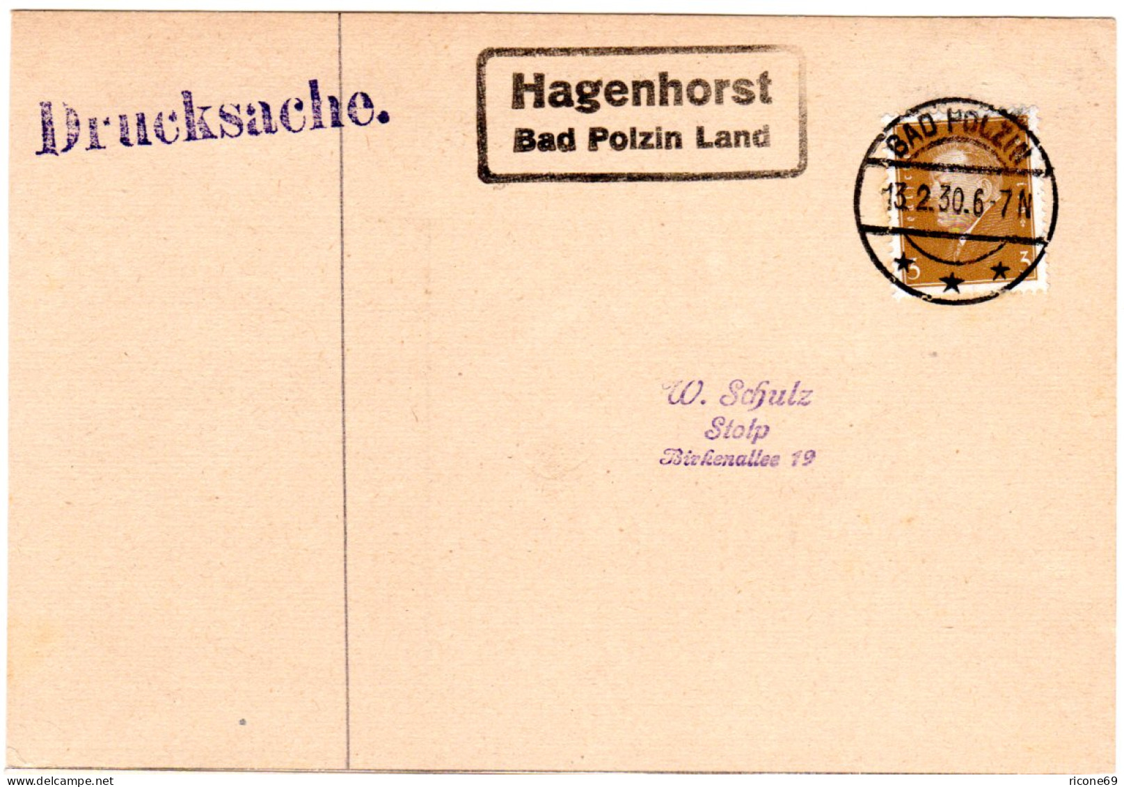 DR 1930, Landpost Stpl. HAGENHORST Bad Polzin Land Auf Drucksache-Karte M. 3 Pf. - Lettres & Documents