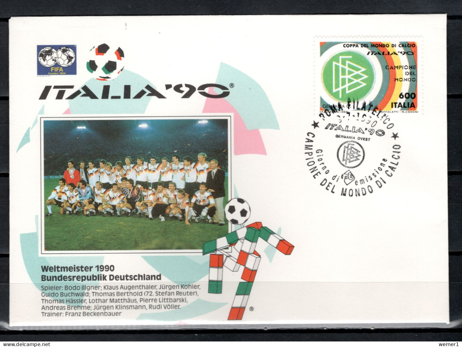 Italy 1990 Football Soccer World Cup Stamp On FDC (Germany World Cup Champion) - 1990 – Italië