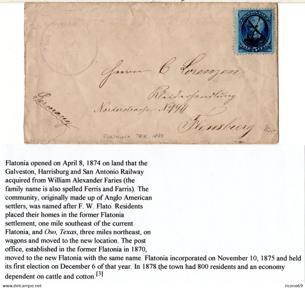 USA 1879, 5 C. M. Federzug Auf Brief V. FLATONIA, Texas N. Flensburg Deutschland - Autres & Non Classés