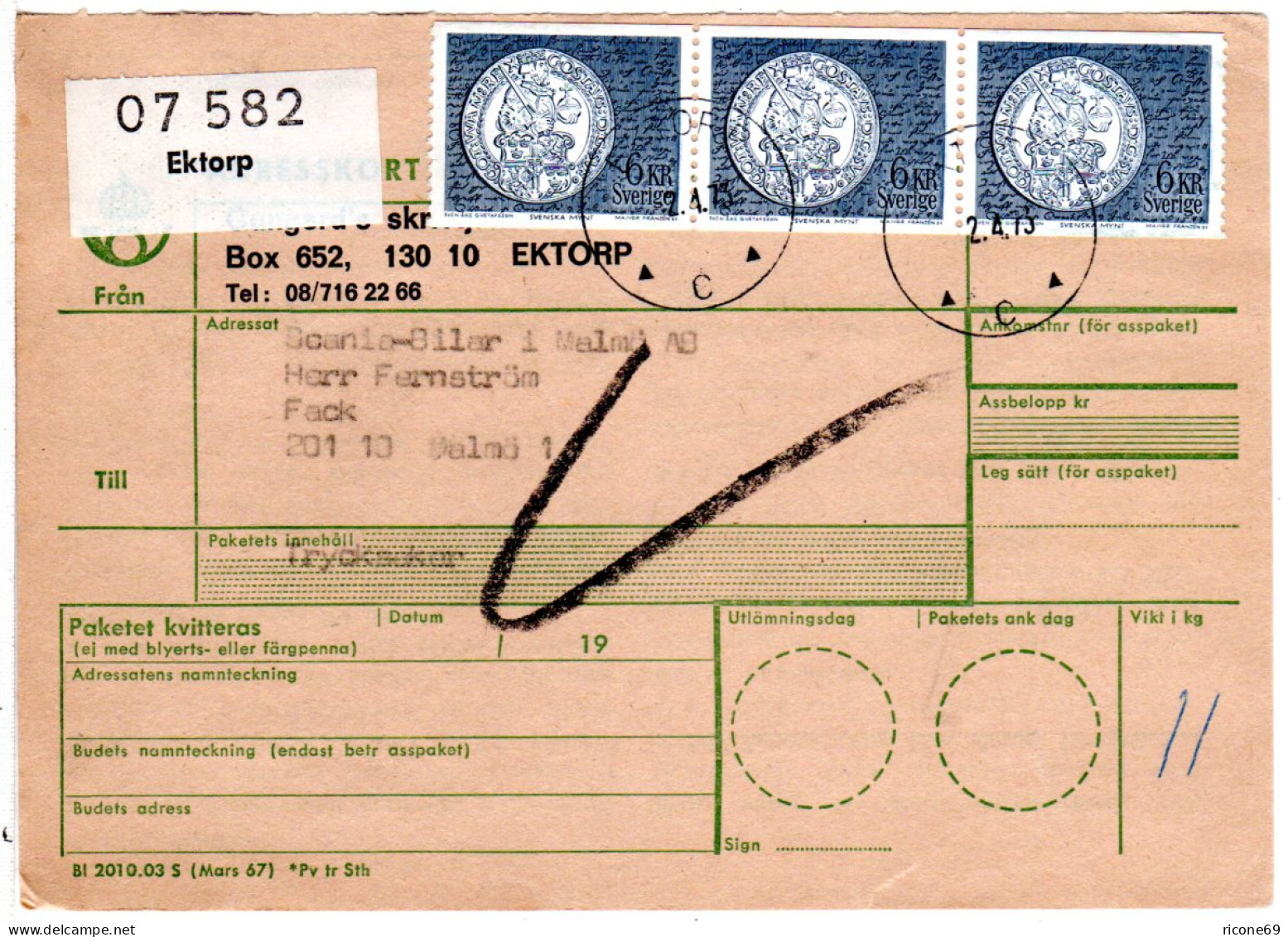 Schweden 1973, MeF 3x6 Kr. Vasa Münze Auf Paketkarte V. EKTORP - Covers & Documents