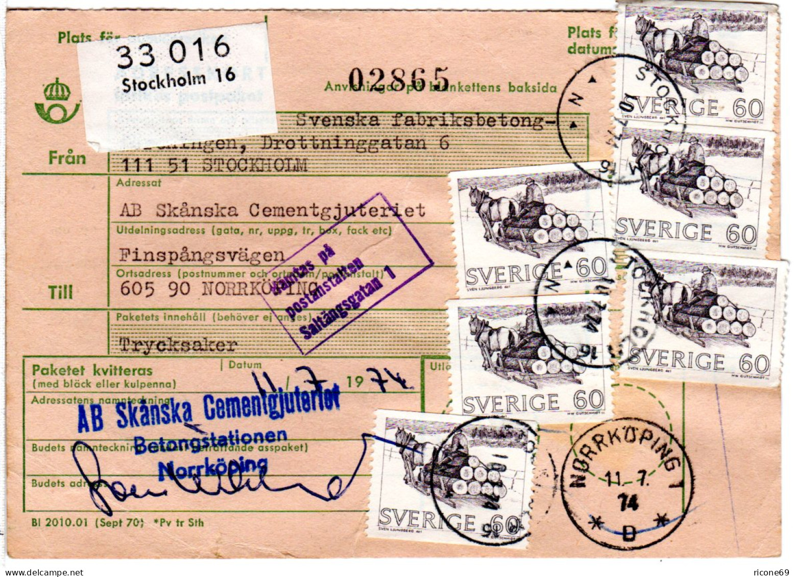 Schweden 1974, MeF 6x60 öre Pferdeschlitten Holztransport Auf Paketkarte - Lettres & Documents