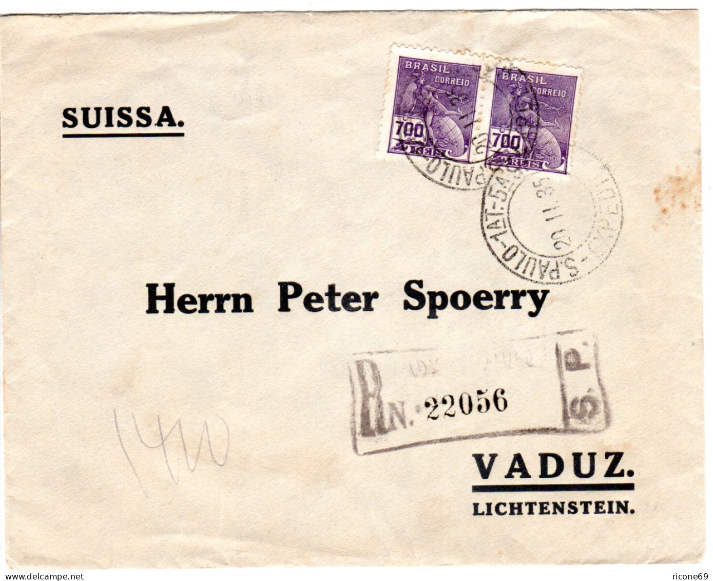 Brasilien 1935, Paar 700 R. Auf Einschreiben Brief V. Sao Paulo N. Liechtenstein - Brieven En Documenten