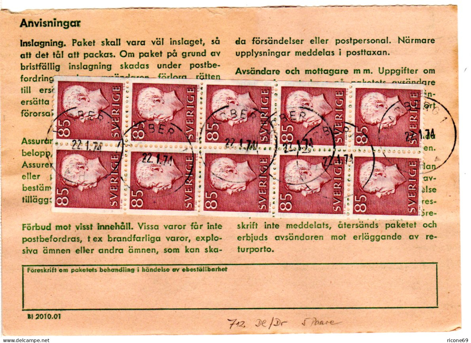 Schweden 1974, MeF 10er-Block 85 öre Rücks. Auf Eil-Paketkarte V. Varberg - Covers & Documents