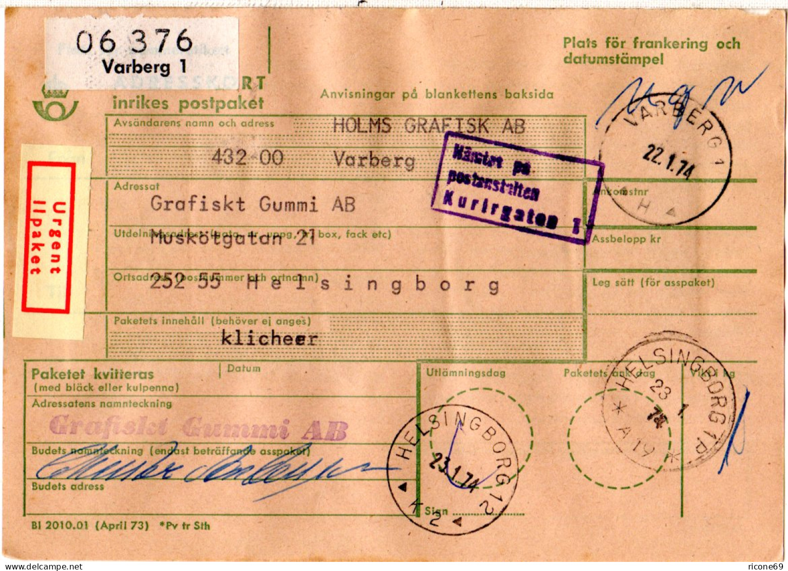 Schweden 1974, MeF 10er-Block 85 öre Rücks. Auf Eil-Paketkarte V. Varberg - Lettres & Documents
