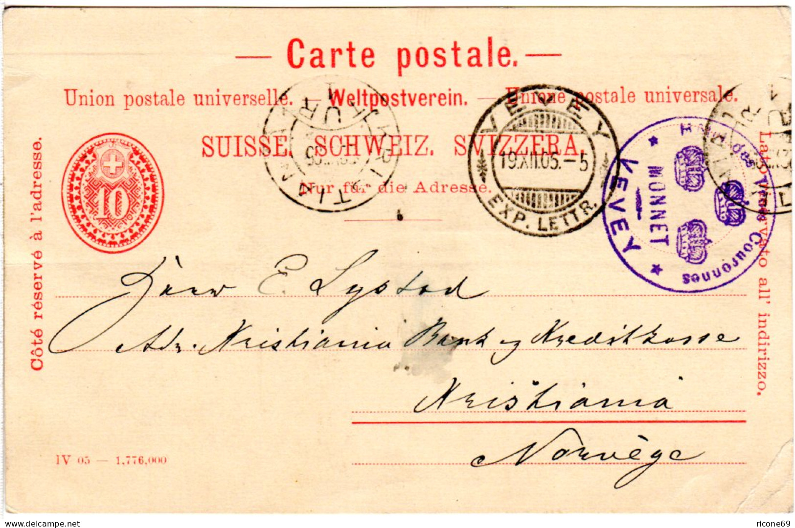 Schweiz 1905, 10 C. Ganzsache M. Hotel Stpl. V. Vevey N. Norwegen - Cartas & Documentos