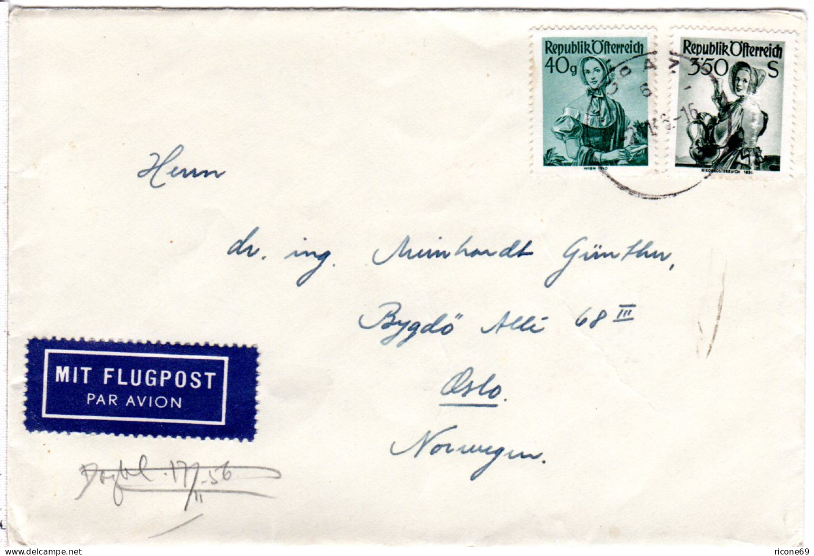 Österreich 1956, 40 G.+3,50 S. Auf Luftpost Brief V. Graz N. Norwegen  - Brieven En Documenten