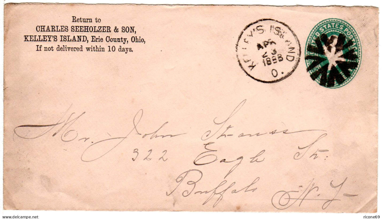 USA 1888, Gebr. 1 C. Ganzsache Brief M. Klarem Stummem Stpl. U.K1 KELLY'S ISLAND - Otros & Sin Clasificación