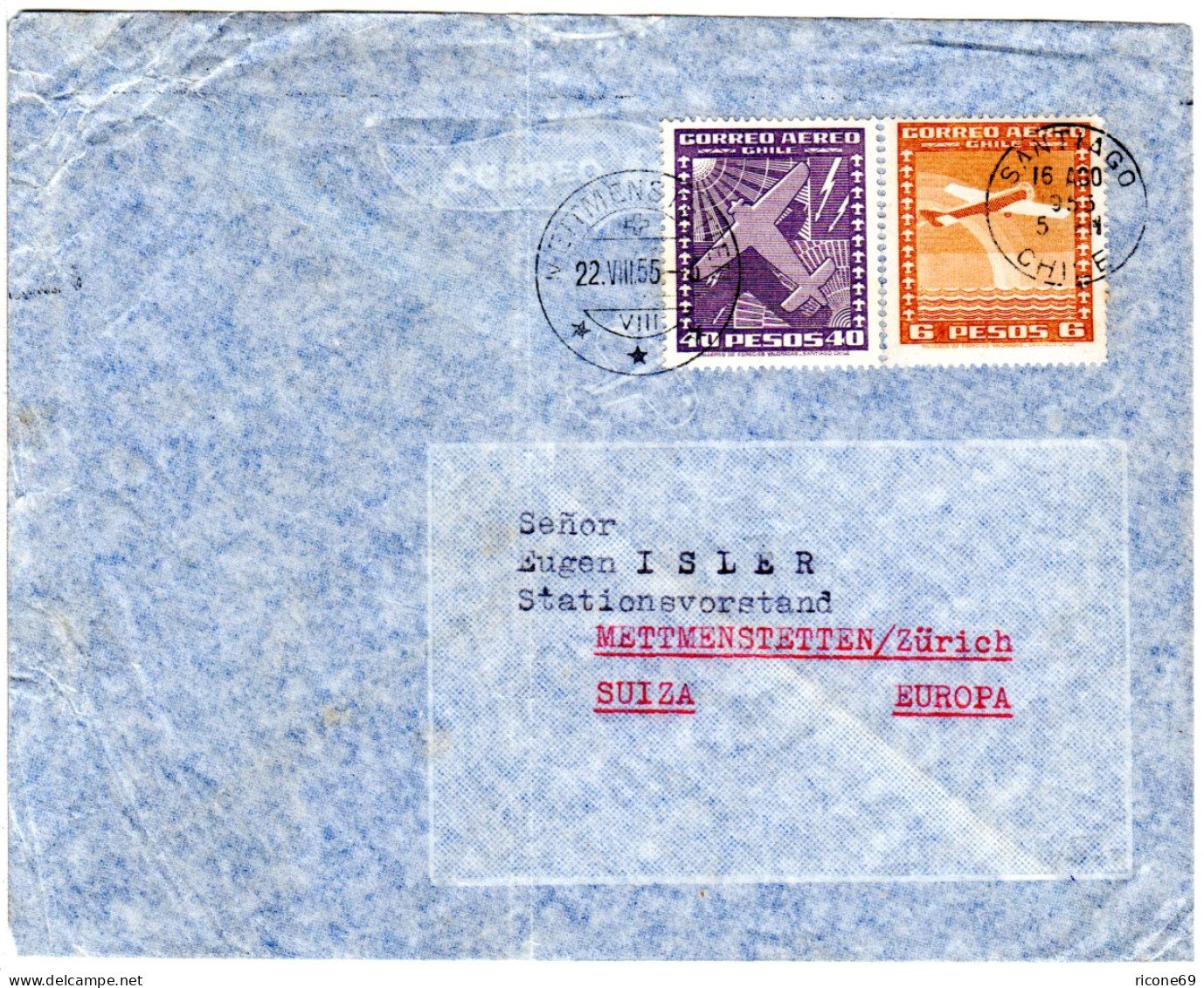 Chile 1955. 40+6 P. Auf Luftpost Brief V. Santiago I.d. Schweiz - Chili
