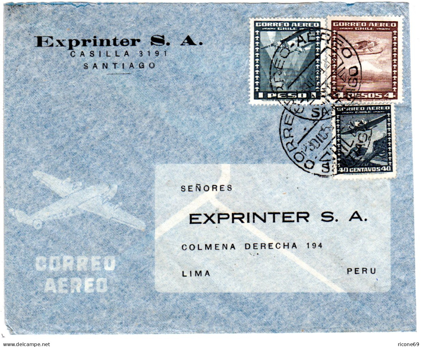 Chile 1954, 40 C.+1+4 P. Auf Luftpost Brief V. Santiago N. Peru. - Chile