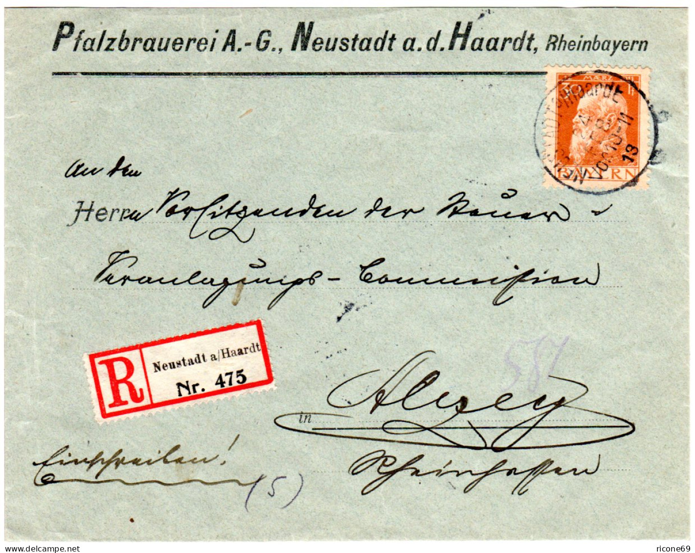 Bayern 1913, 30 Pf. Luitpold Auf Pfalzbrauerei A.G. Reko Brief V. Neustadt  - Cartas & Documentos