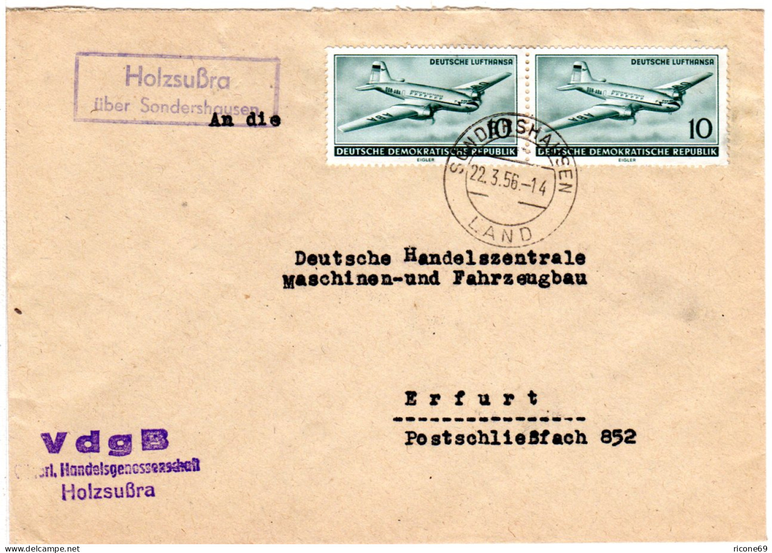 DDR 1956, Landpost Stpl. HOLZSUSSRA über Sondershausen Auf Brief M. 2x10 Pf. - Lettres & Documents