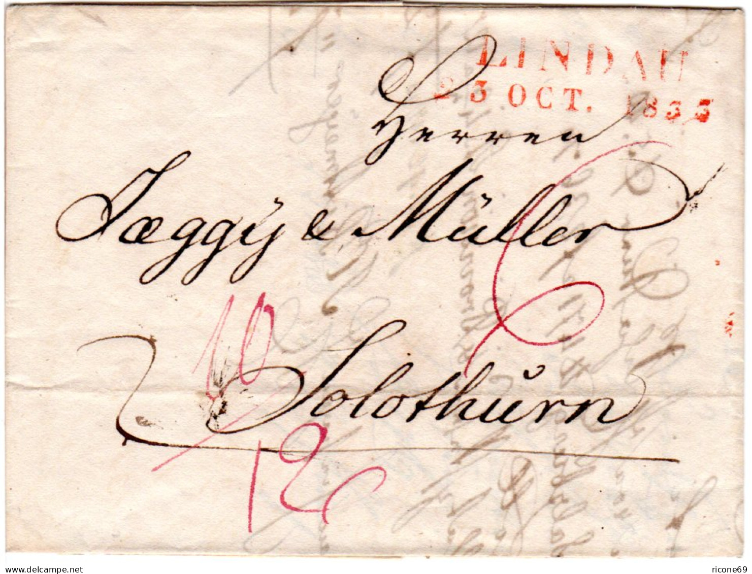 Bayern 1833, Roter L2 Lindau Auf Porto Brief I.d. Schweiz - Prefilatelia