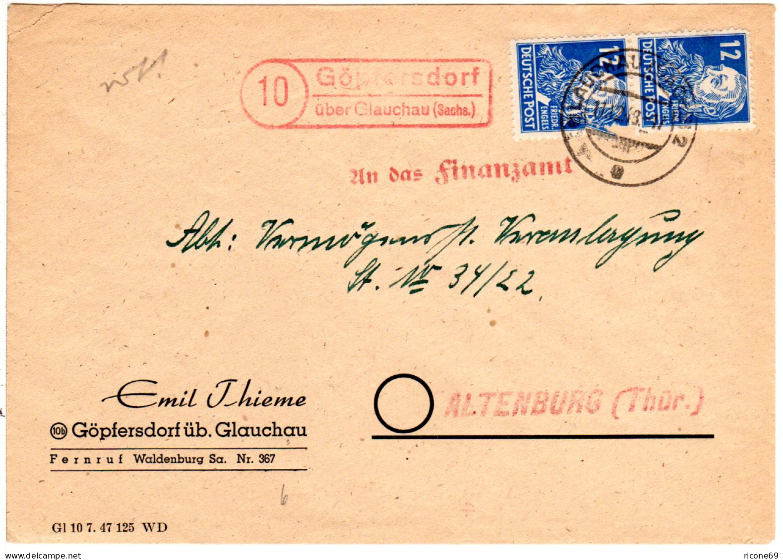 DDR 1948, Roter Landpost Stpl. GÖPFERSDORF über Glauchau Auf Brief M. 2x12 Pf. - Lettres & Documents