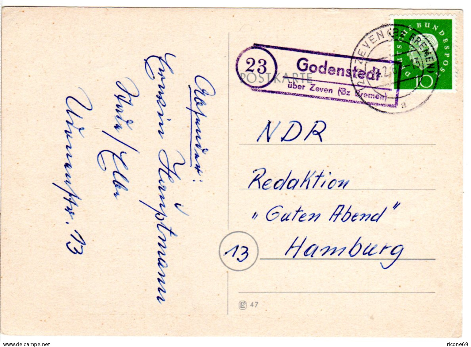 BRD 1961, Landpoststpl. 23 GODENSTEDT über Zeven Auf Karte M. 10 Pf. - Briefe U. Dokumente