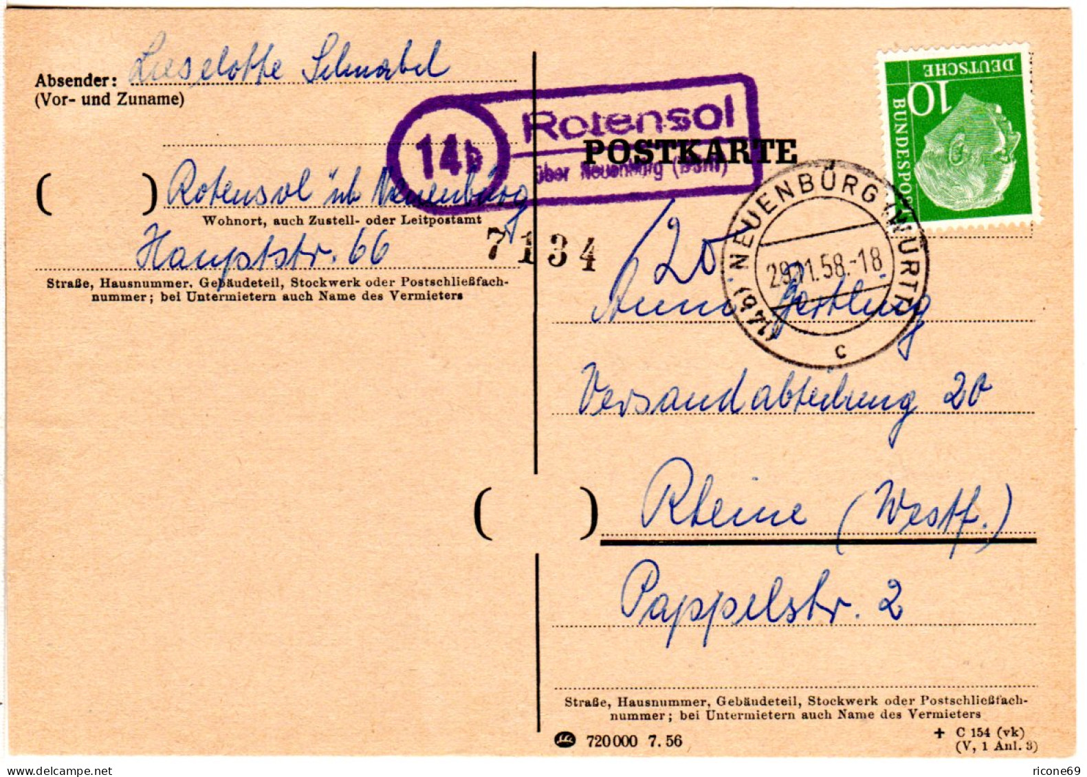 BRD 1958, Landpoststpl. ROTENSOL über Neuenbürg Auf Karte M. 10 Pf. Heuss. - Storia Postale