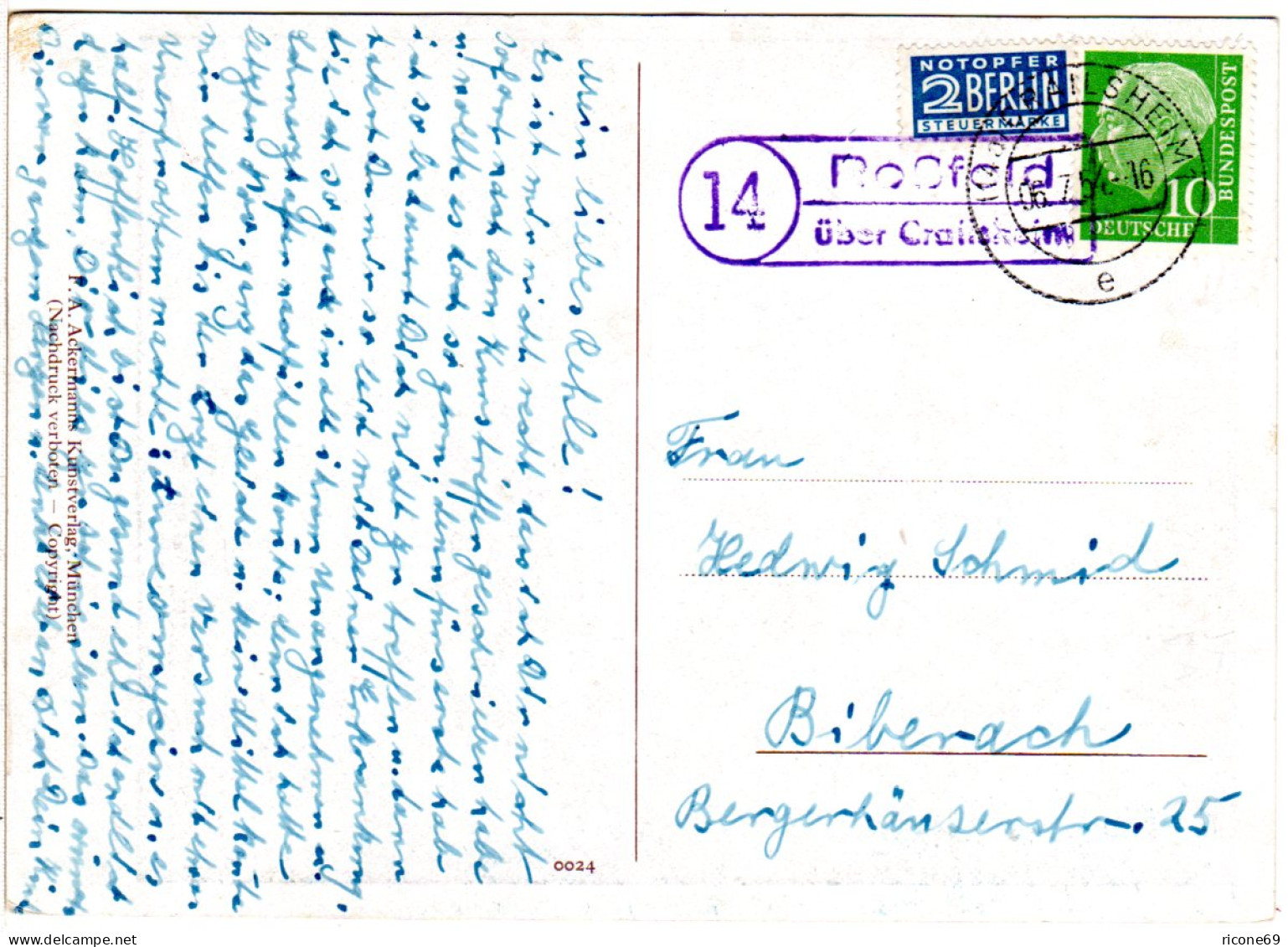 BRD 1954, Landpoststpl. 14 ROSSFELD über Crailsheim Auf Karte M. 10 Pf.  - Sammlungen
