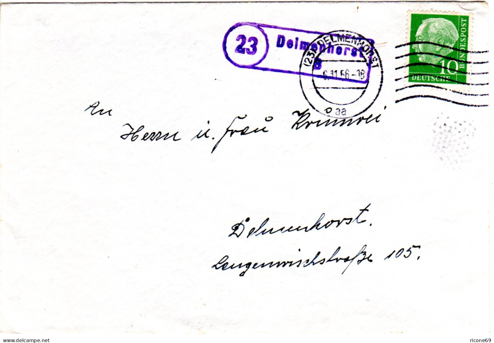 BRD 1956, Landpoststpl. 23 DELMENHORST B Auf Orts Brief M. 10 Pf.  - Briefe U. Dokumente