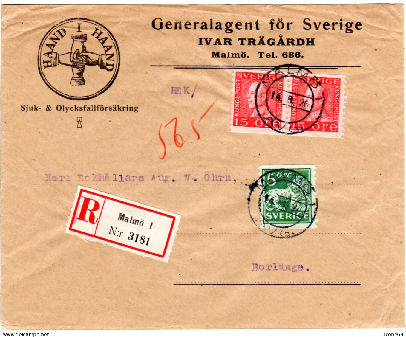 Schweden 1926, Paar15+5 öre Auf Illustriertem Firmen Einschreiben Brief V. Malmö - Lettres & Documents