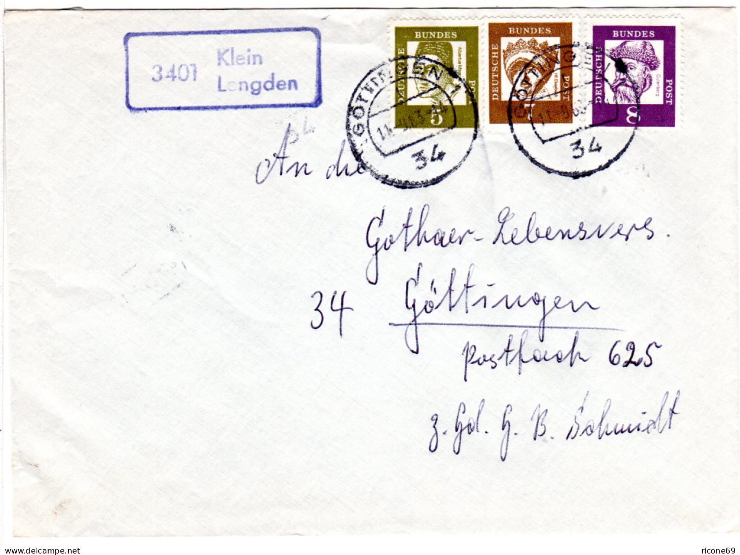 BRD 1963, Landpoststpl. 3401 Klein Lengden Auf Brief M. 5+7+8 Pf Gest. Göttingen - Storia Postale