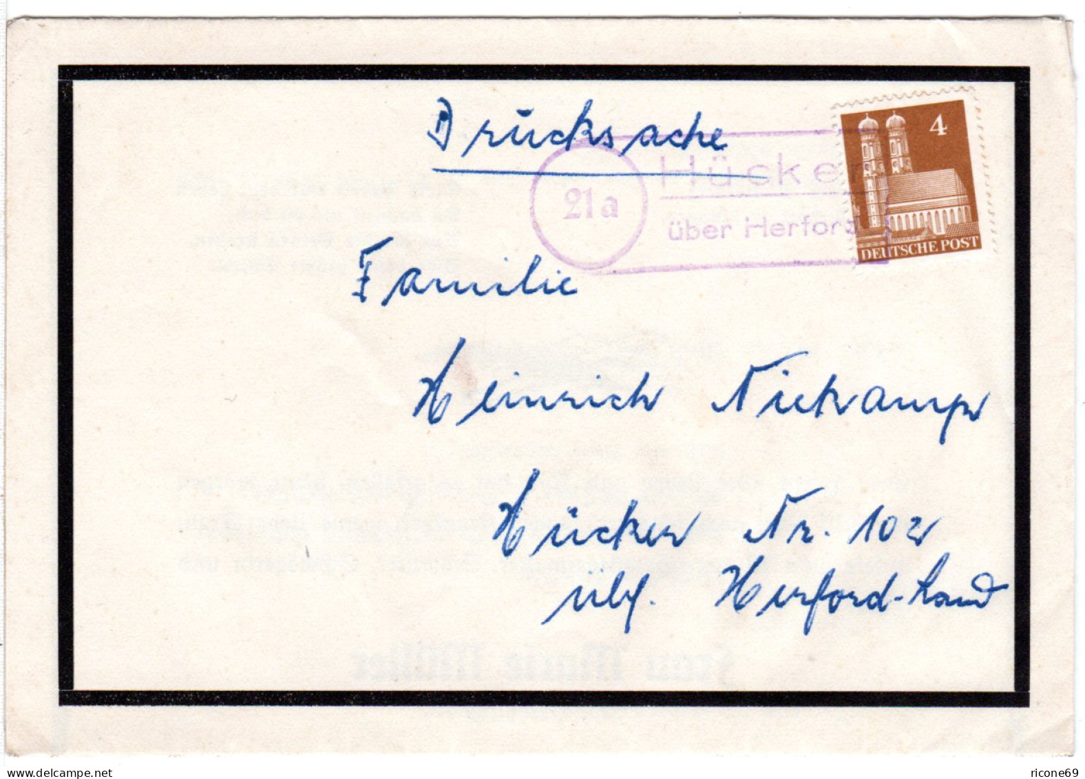 BRD 1951, Landpoststpl. 21a HÜCKER über Herford Auf Trauer Brief M. 4 Pf. Bauten - Covers & Documents