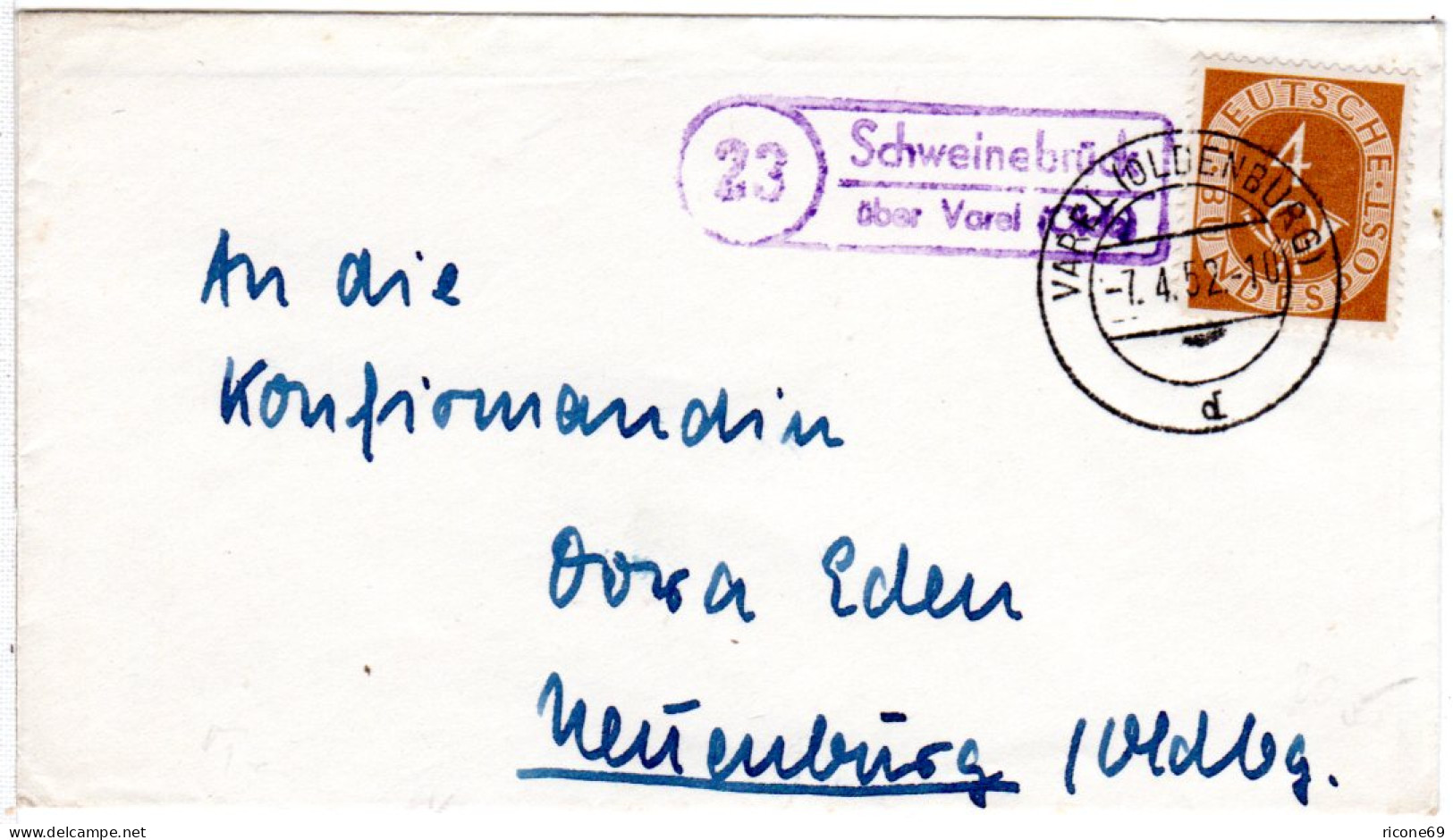 BRD 1952, Landpoststpl. 23 SCHWEINEBRÜCK über Varel Auf Brief M. 4 Pf. Posthorn - Storia Postale