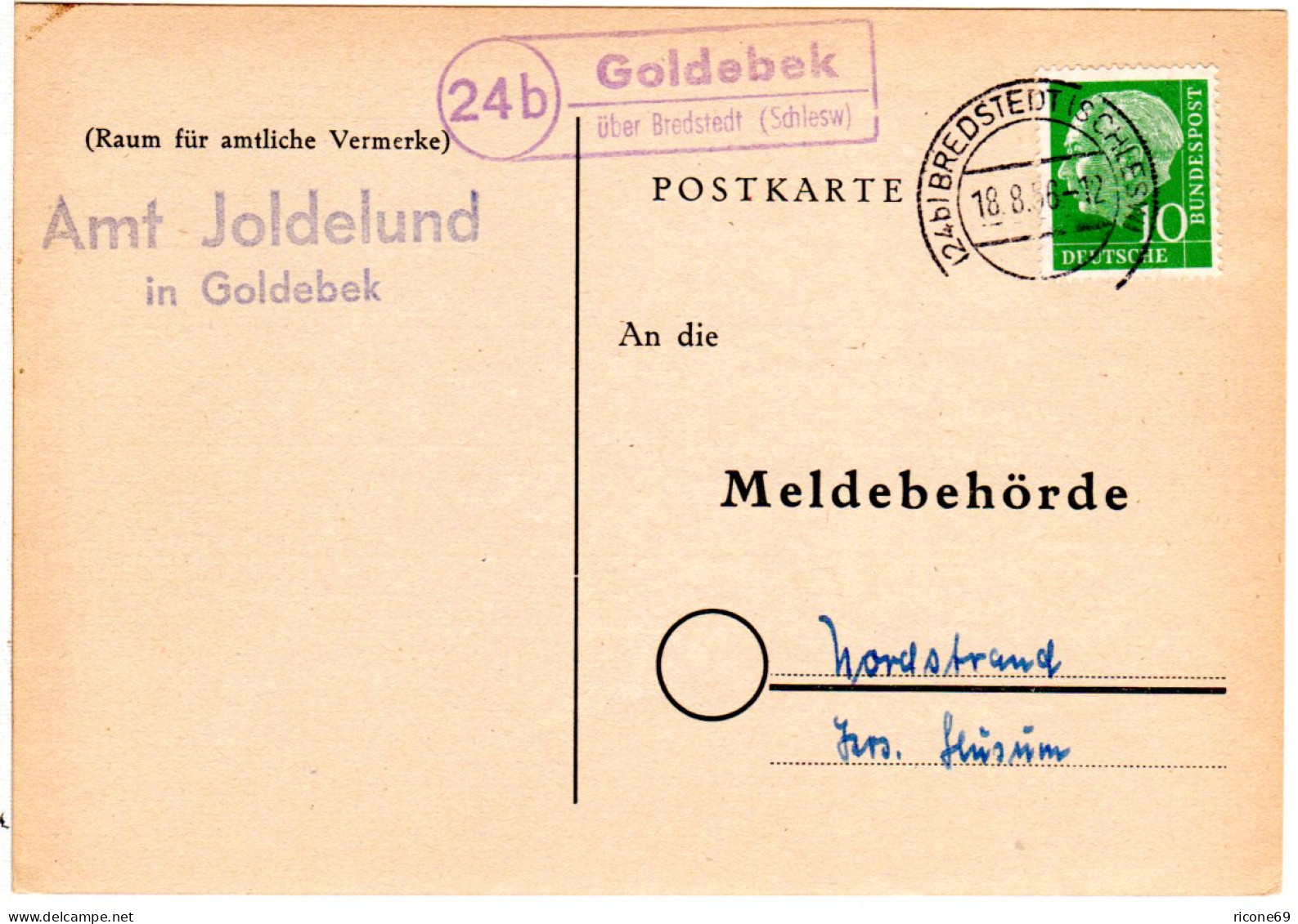 BRD 1956, Landpoststpl. 24b GOLDEBEK über Bredstedt Auf Karte M. 10 Pf.  - Collections