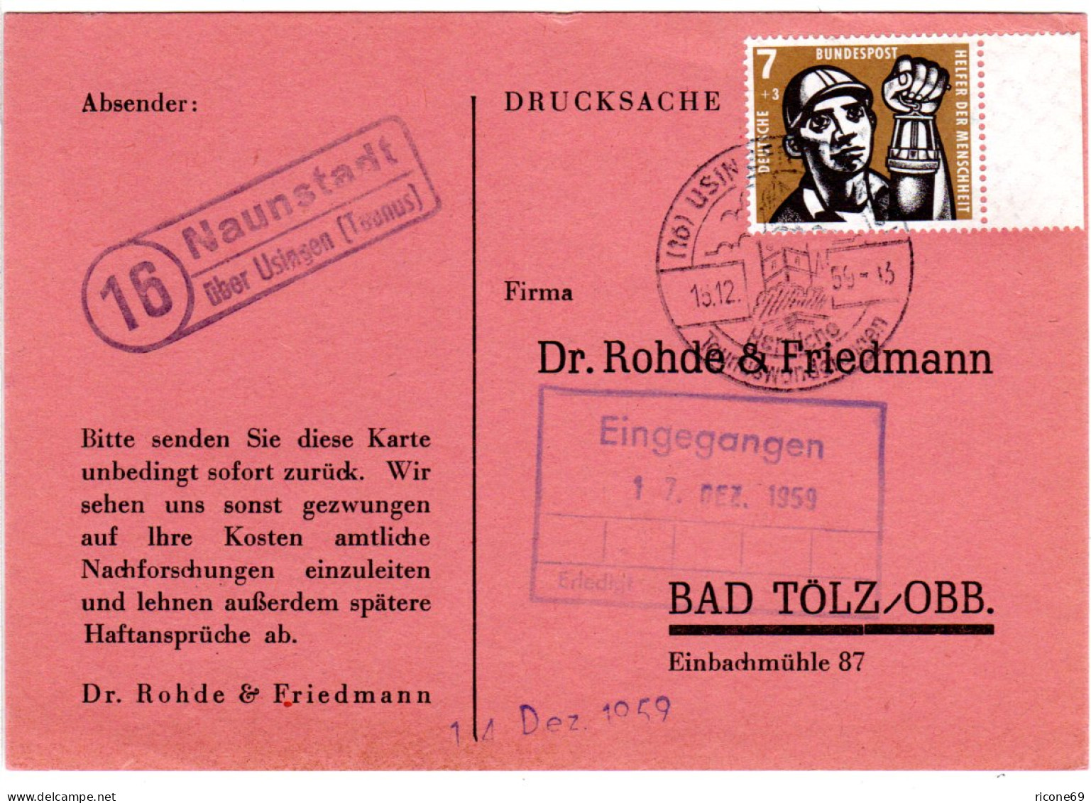 BRD 1959, Landpoststpl. 16 NAUNSTADT über Usingen Auf Karte M. 7+3 Pf. - Storia Postale
